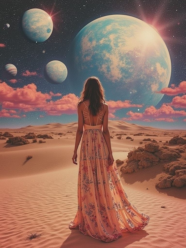 Desert Dreamscape: Woman Gazing at Celestial Bodies