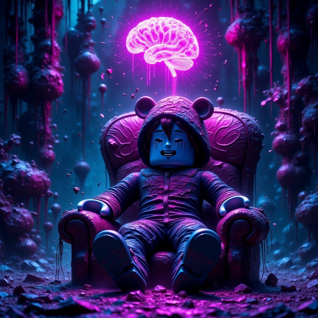 Glitching Roblox Character with Floating Brain in Digital Gl...