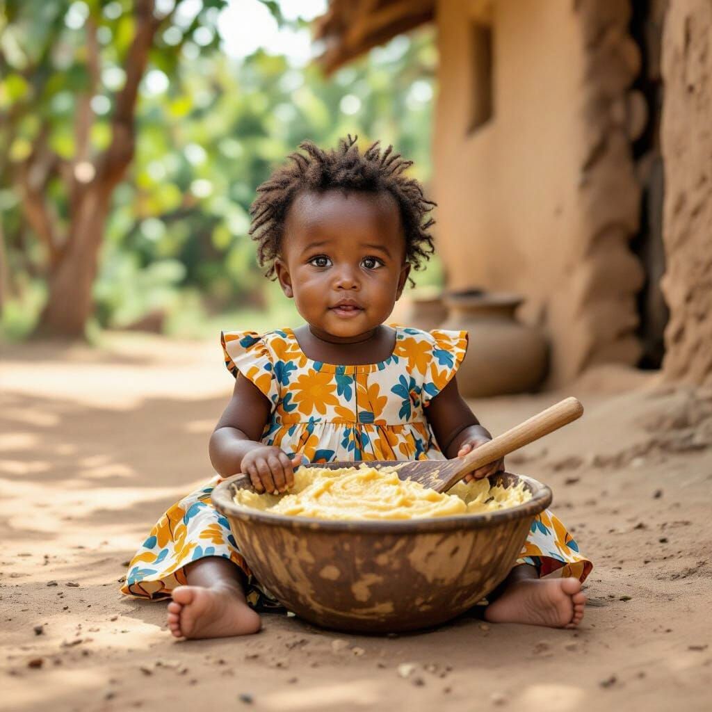 African Baby with Peanut Butter in a Sunny Courtyard