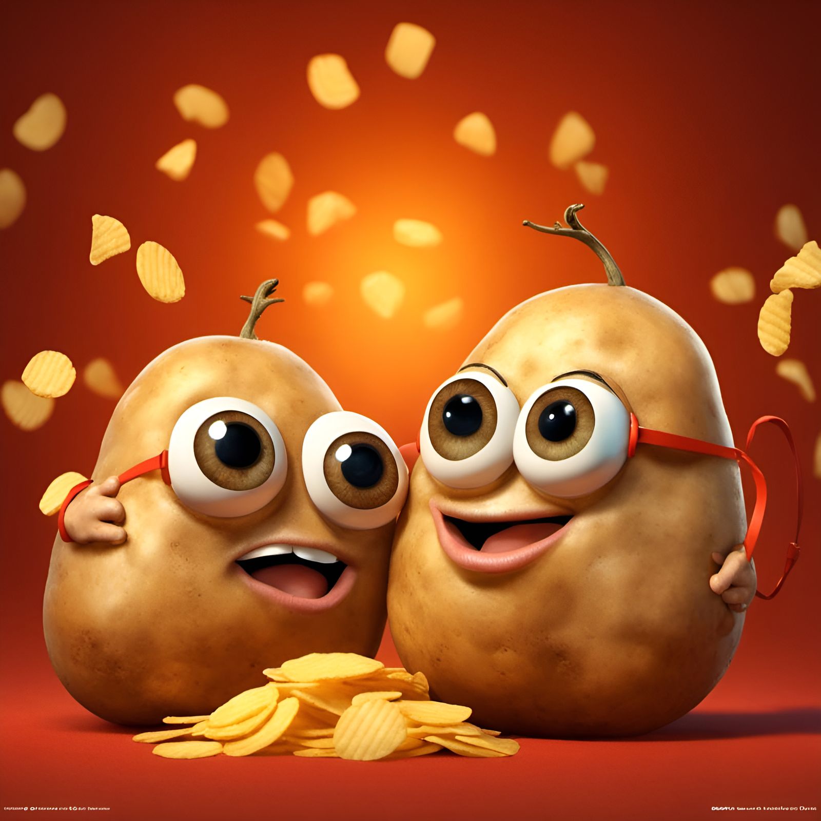 Adorable Potato Chips Hugging: Pixar-Style Portrait