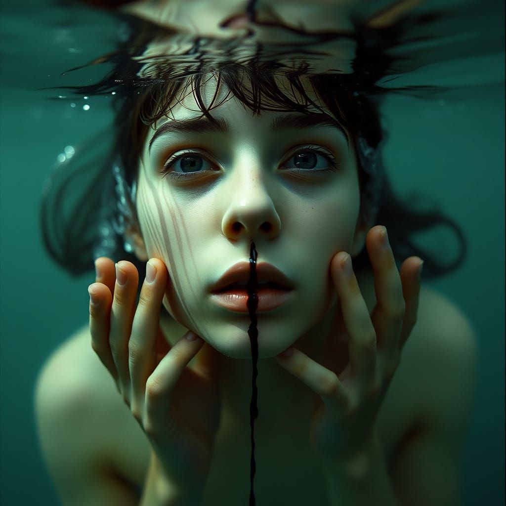 Girl Submerged in Water, Eyes Open, Mouth Stitched Shut