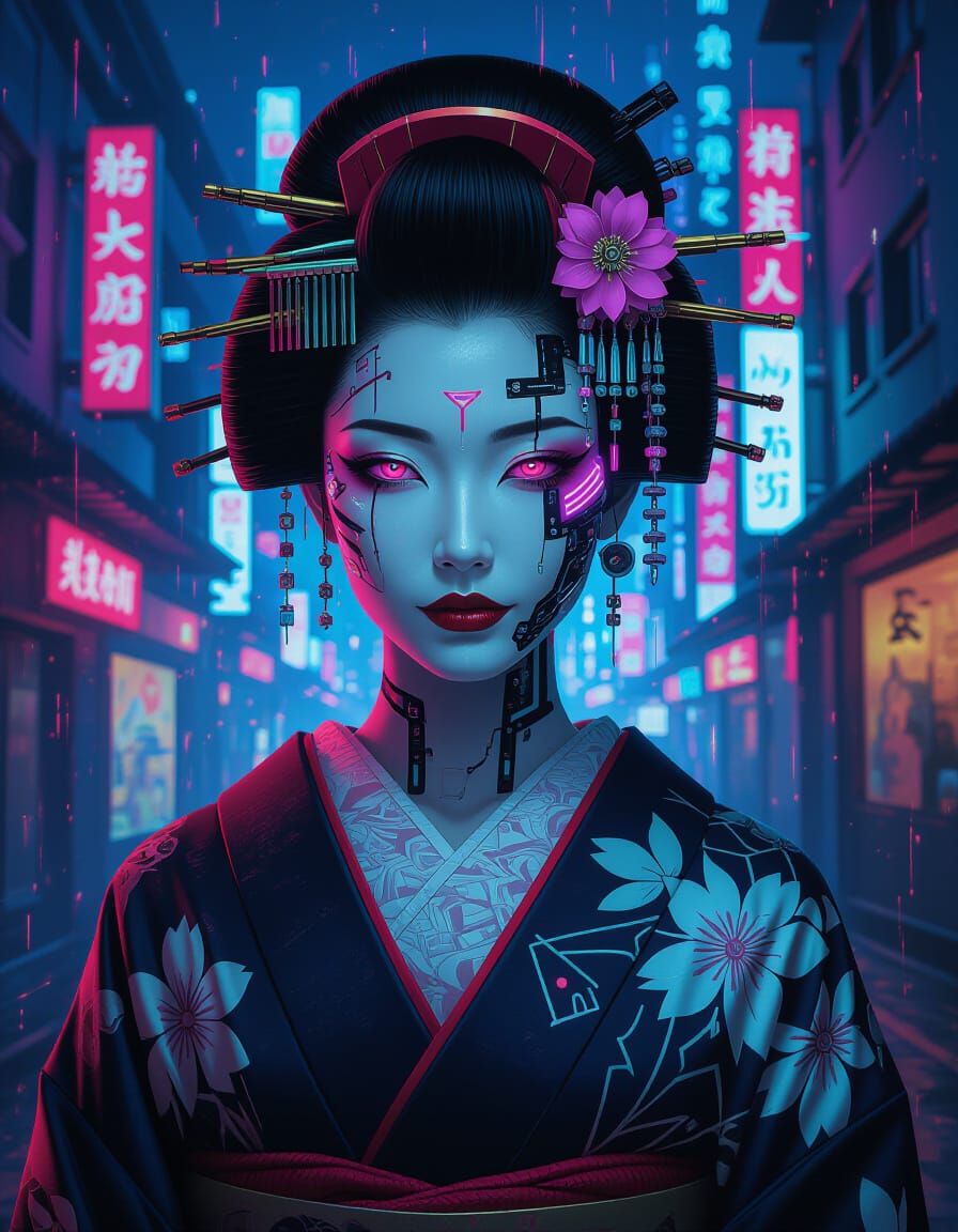 Cyberpunk Geisha Portrait with Neon Cityscape