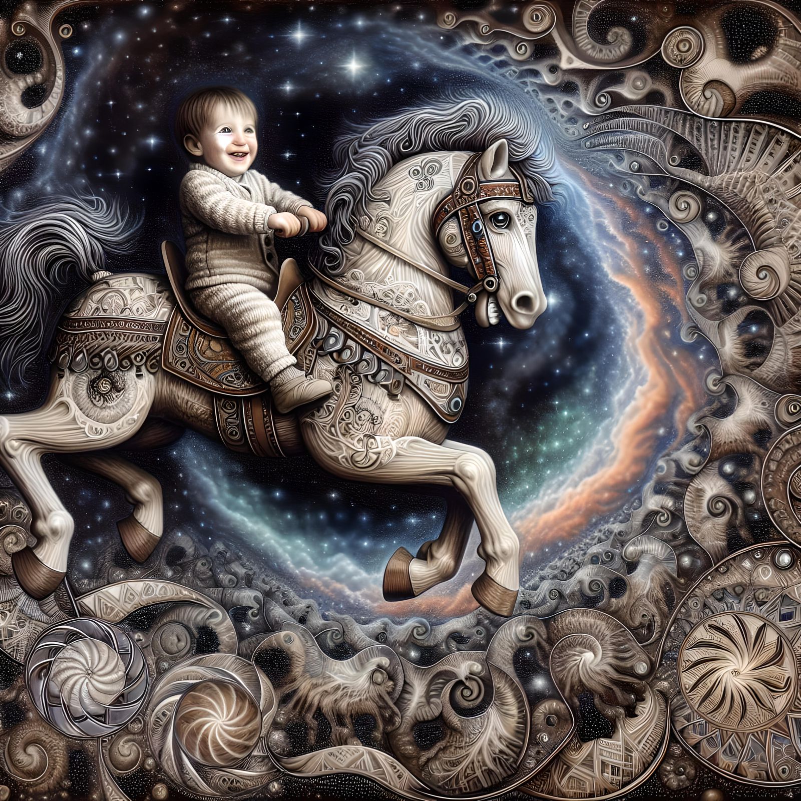 Toddler on Flying Carousel Horse in Steampunk Style