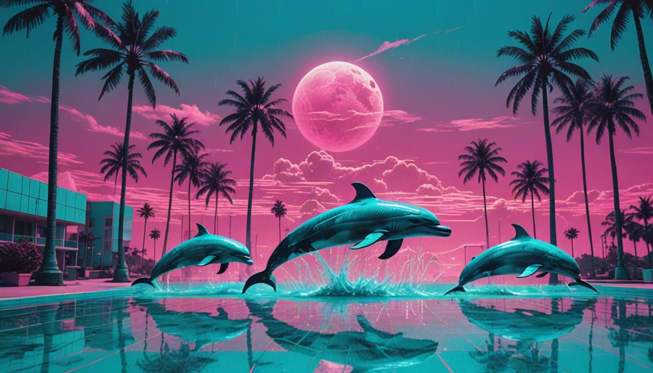 Vaporwave Dreamscape with Neon and Glitch Effects