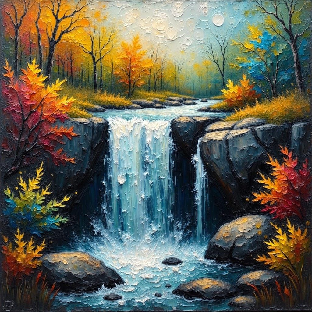 Waterfall in Grungy Impasto Oil Style