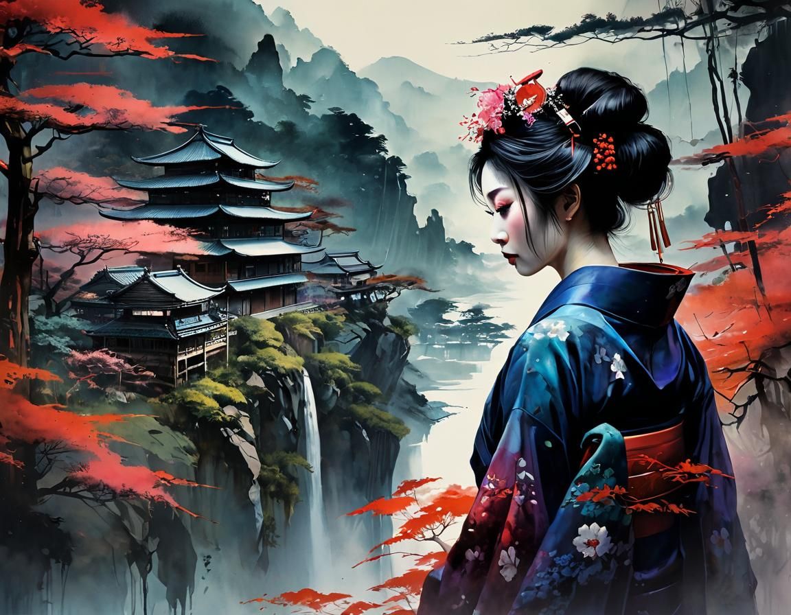 Japanese Geisha Silhouette in Watercolor Landscape