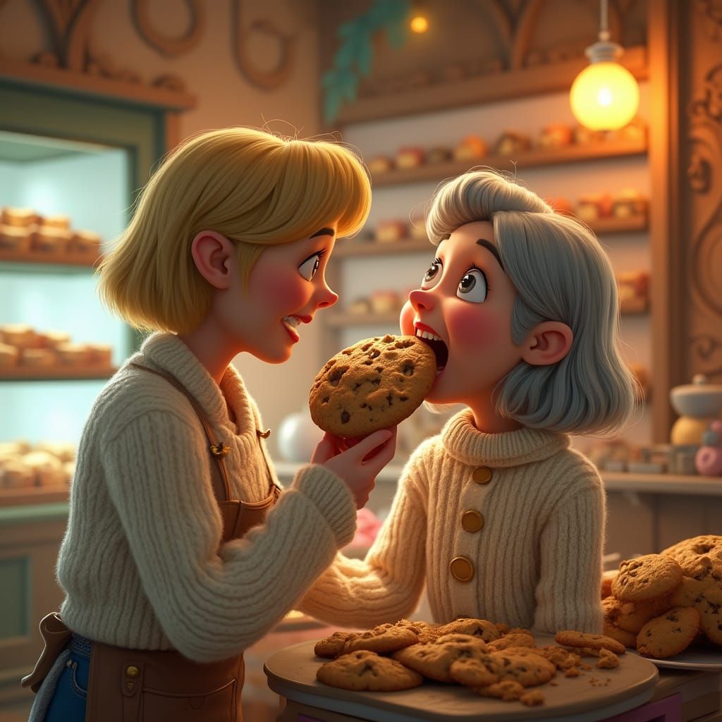 Whimsical Bakery Scene: Cookie Surprise in Detailed Matte Pa...