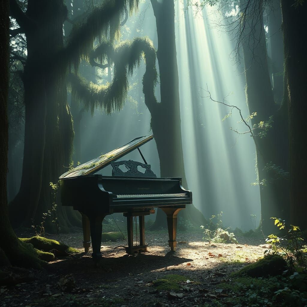 Glowing Piano in Misty Forest, Photorealistic Style