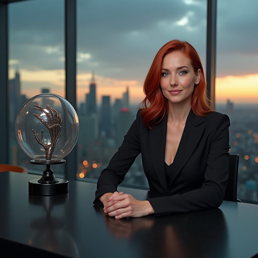 Woman with Red Hair and Claw in High-Tech Office at Dusk