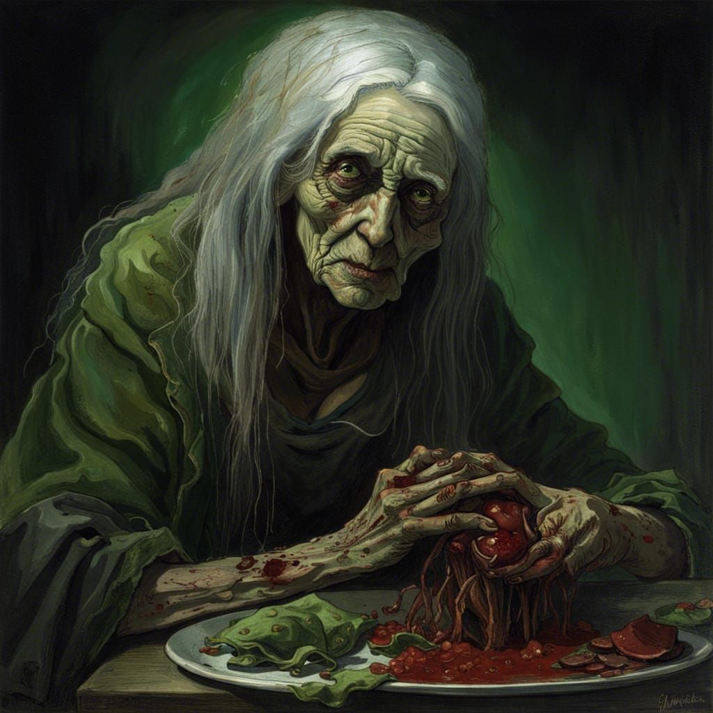 Horrific Old Woman Feasting on Remains