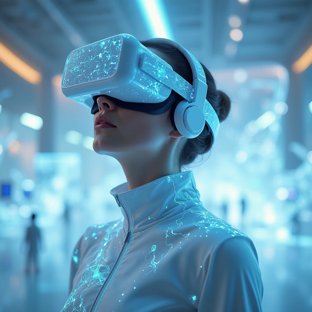 Futuristic VR Immersion with Glowing Digital Holograms