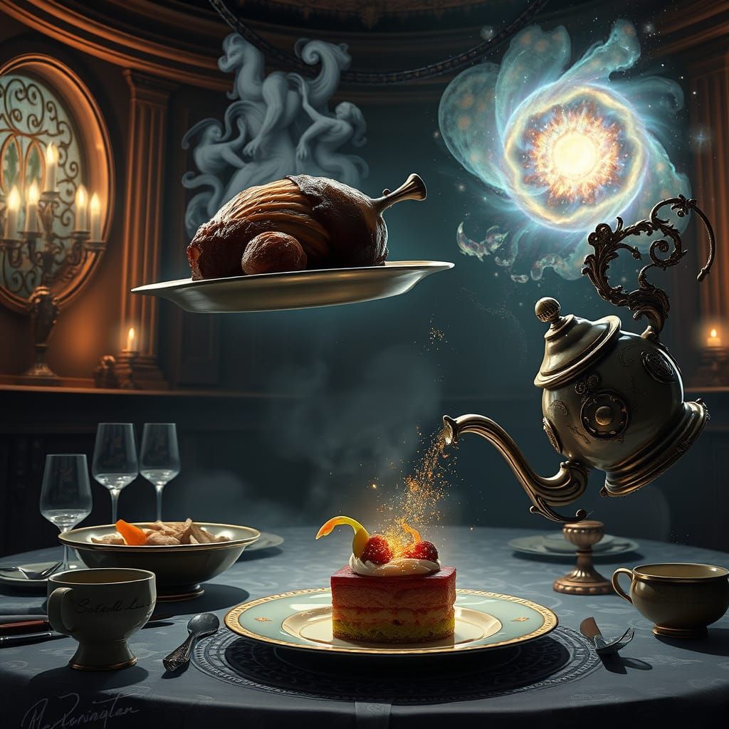 Cosmic Banquet Hall with Floating Dishes