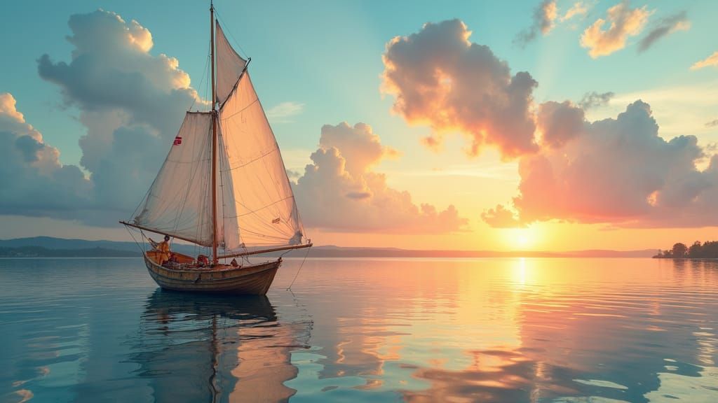 Sailboat Drifting on Lake at Sunset in Romantic Style