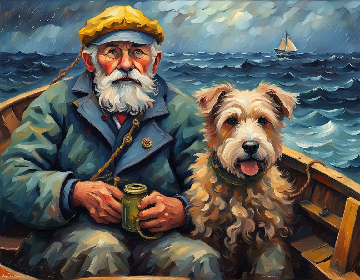 Weatherbeaten Sailor and Dog in Stormy Seas