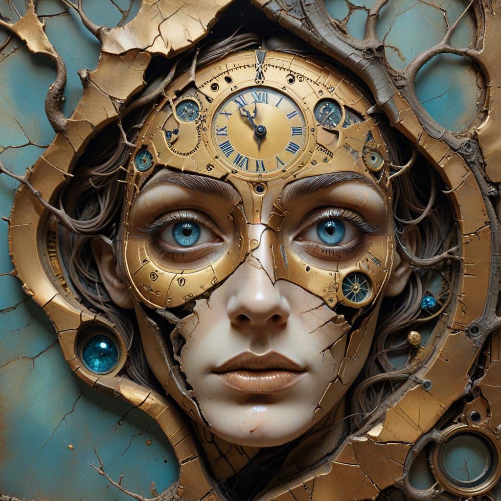 Surrealist Painting of Melting Clock Face in Desolate Landsc...