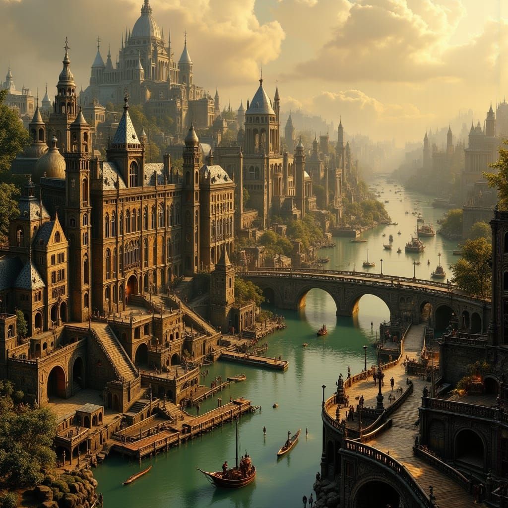 Victorian Steampunk Cityscape in Dark Oil Paint Style