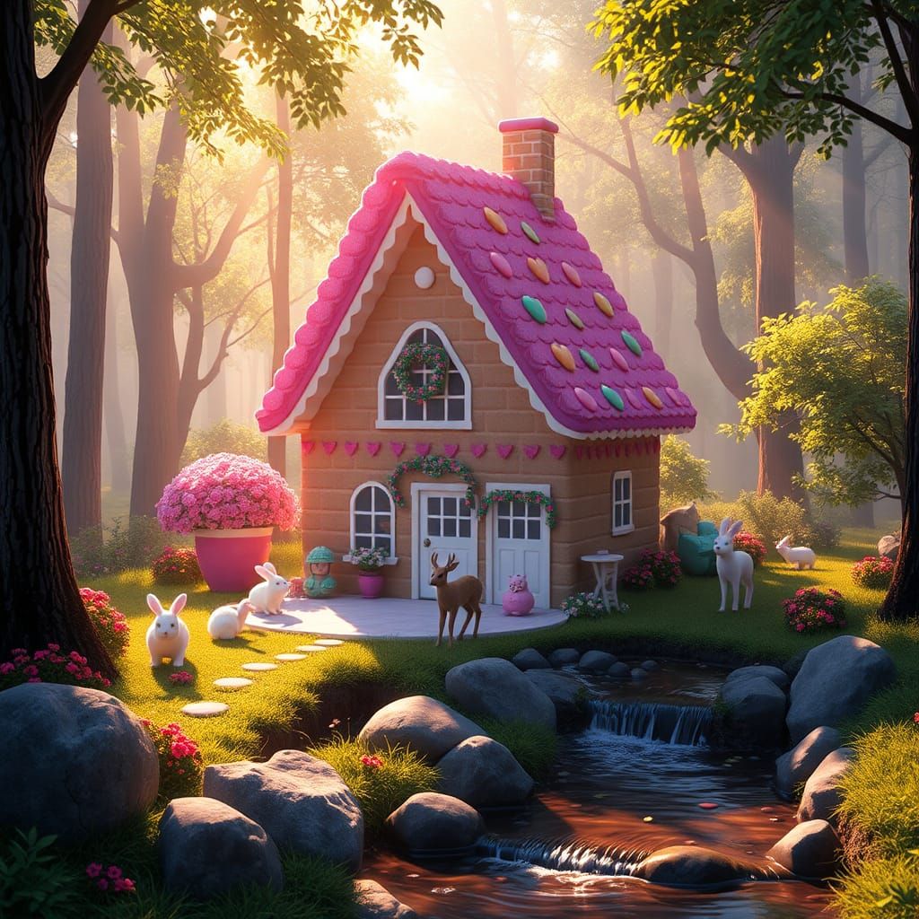 Colorful Gingerbread House in Misty Forest, Anime Style