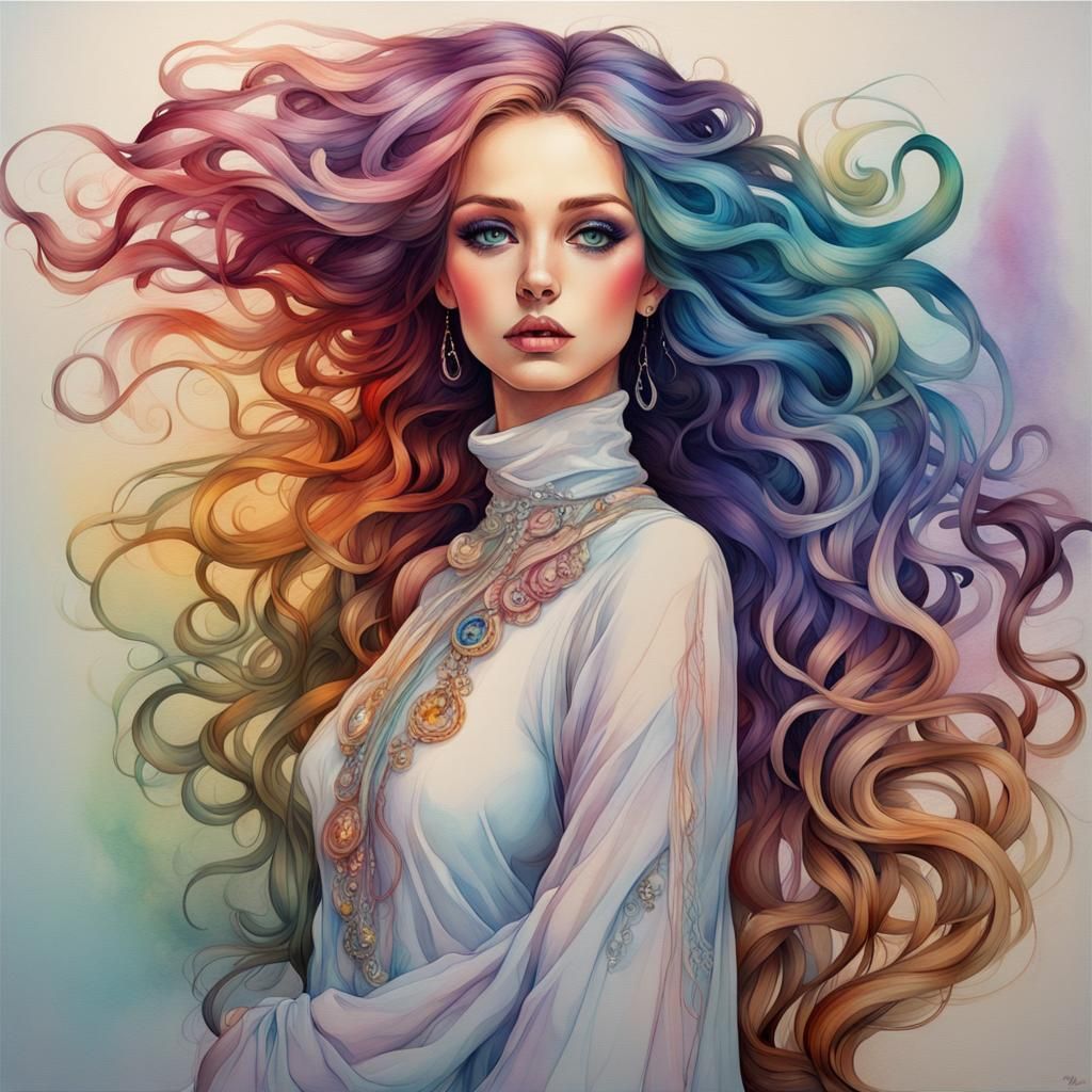 Rainbow Haired Woman in Art Nouveau Style