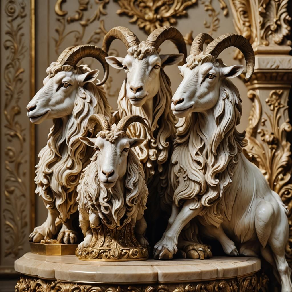 Baroque Ivory Goats Sculpture in Ornate Hallway