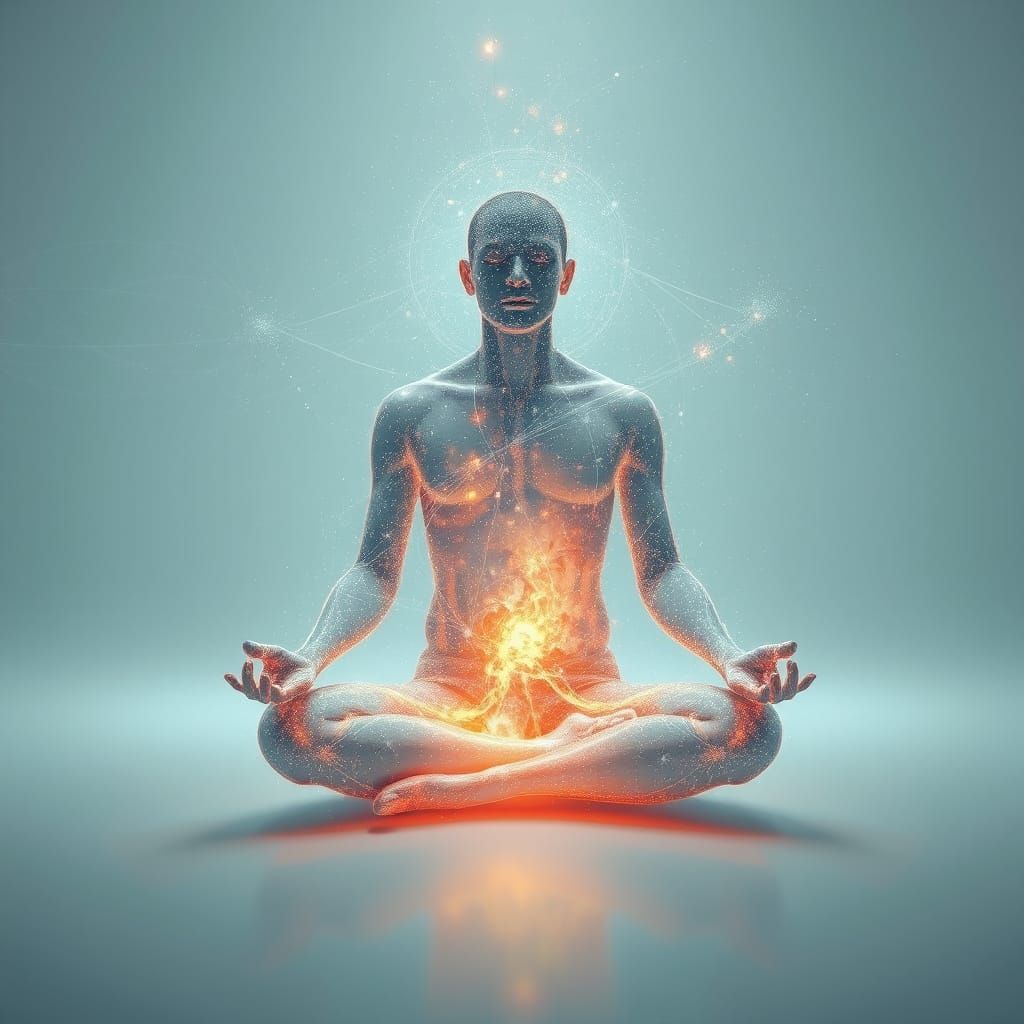 Bioluminescent Meditating Man in Ethereal Glitch Art Style