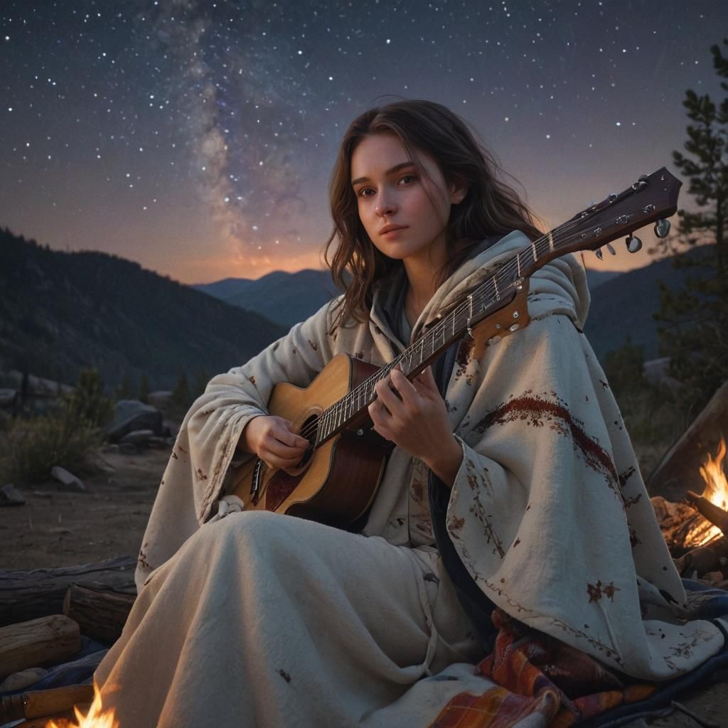 Girl by Campfire Under Stars in Hyperrealism