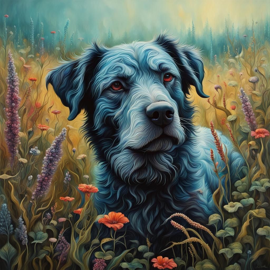 Creepy Hyperrealistic Fantasy: Dog Meadow Abstract Art