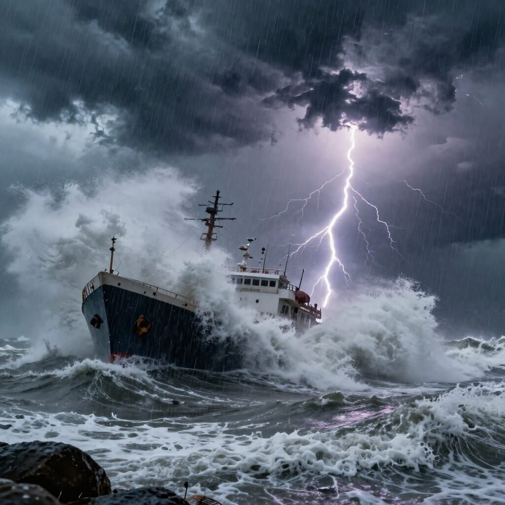 Photorealistic Typhoon Rages at Sea Against Distressed Ship