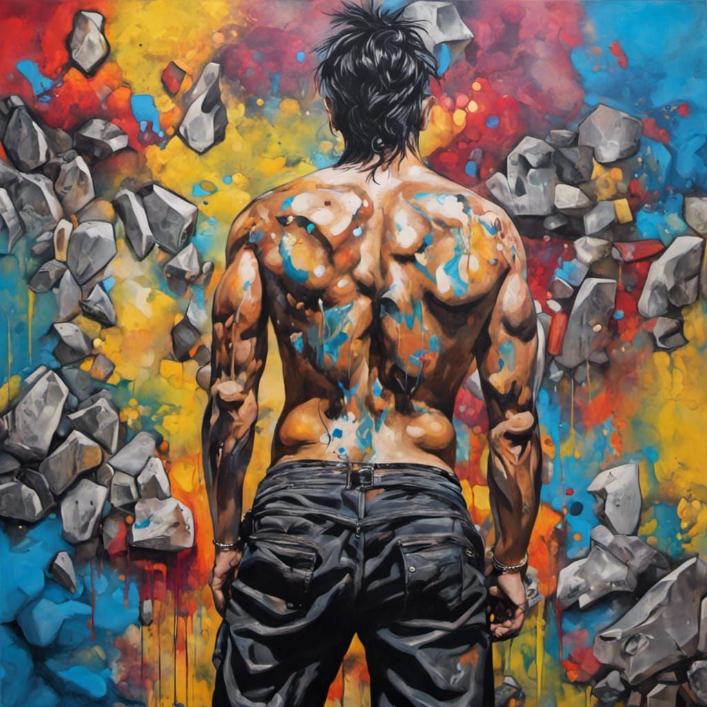 Shirtless Man in Graffiti Art with Precious Stones