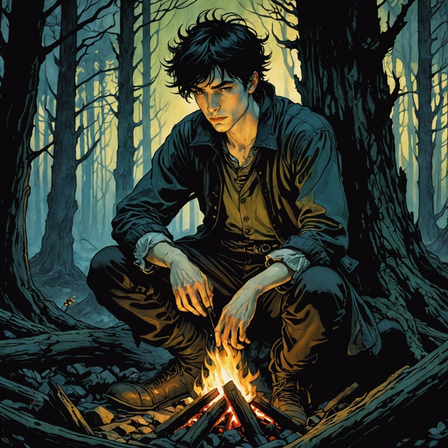 Enchanted Forest: Young Man in Firelight (Anime Art)