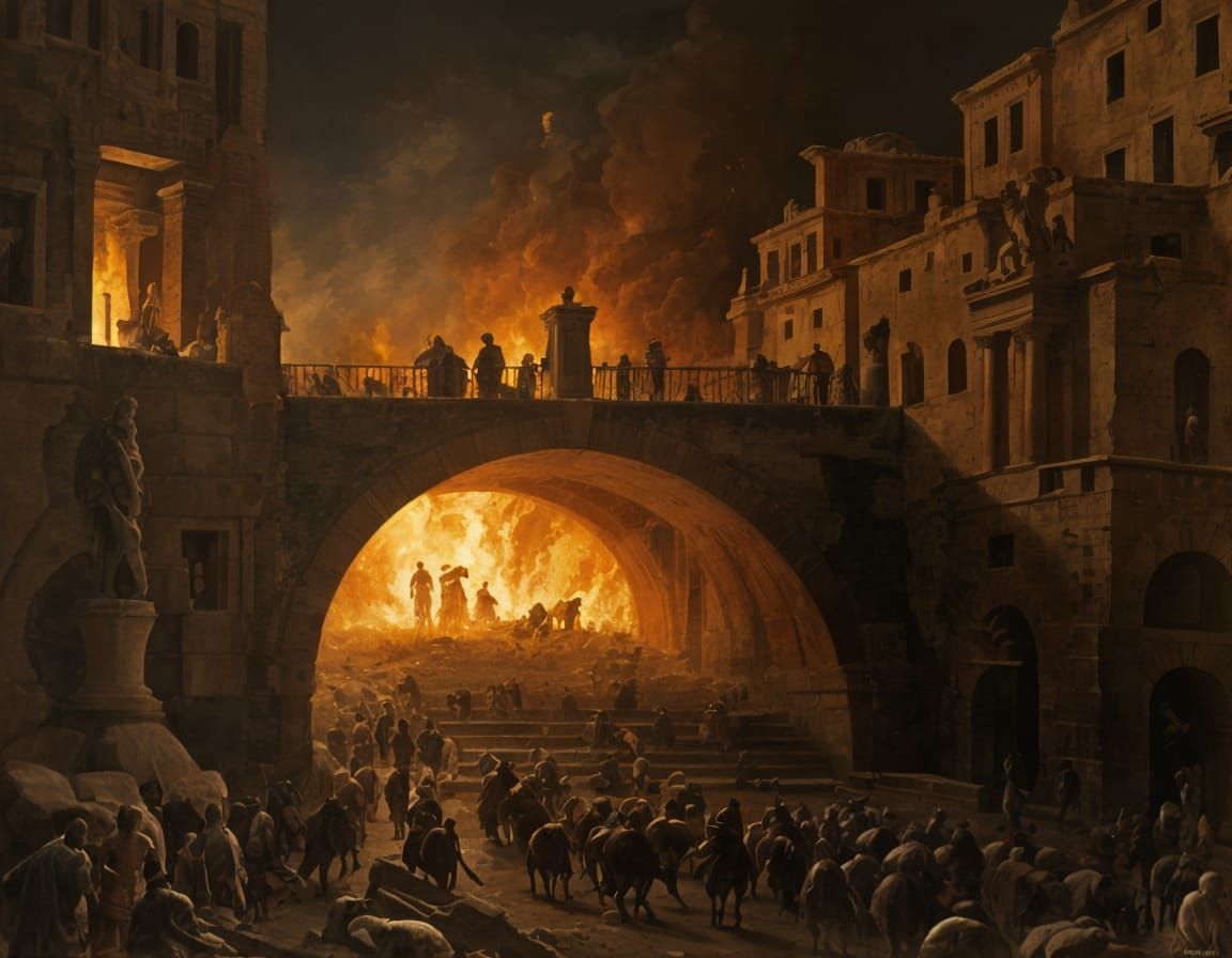 Ancient Rome City Ablaze in Impasto Oil Painting