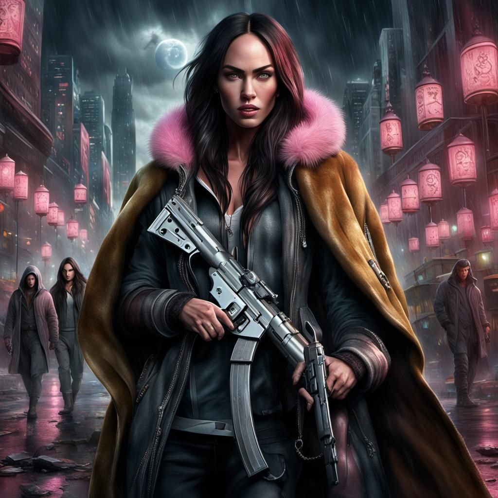 Powerful Woman in Pink Fur Coat with Gun