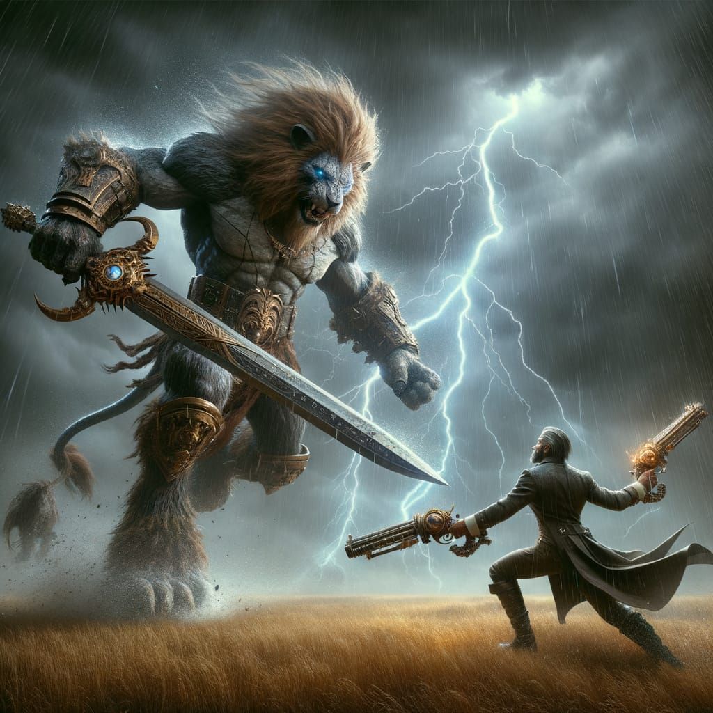 Surreal Fantasy Battle Scene in a Thunderstorm with a Lion B...