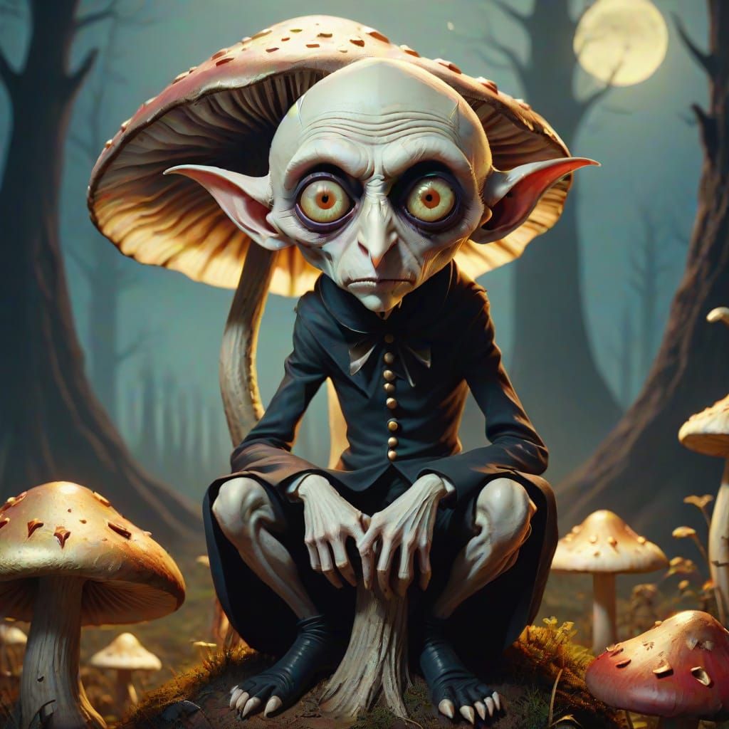 Surreal Nosferatu Sits on Mushroom with Huge Eyes