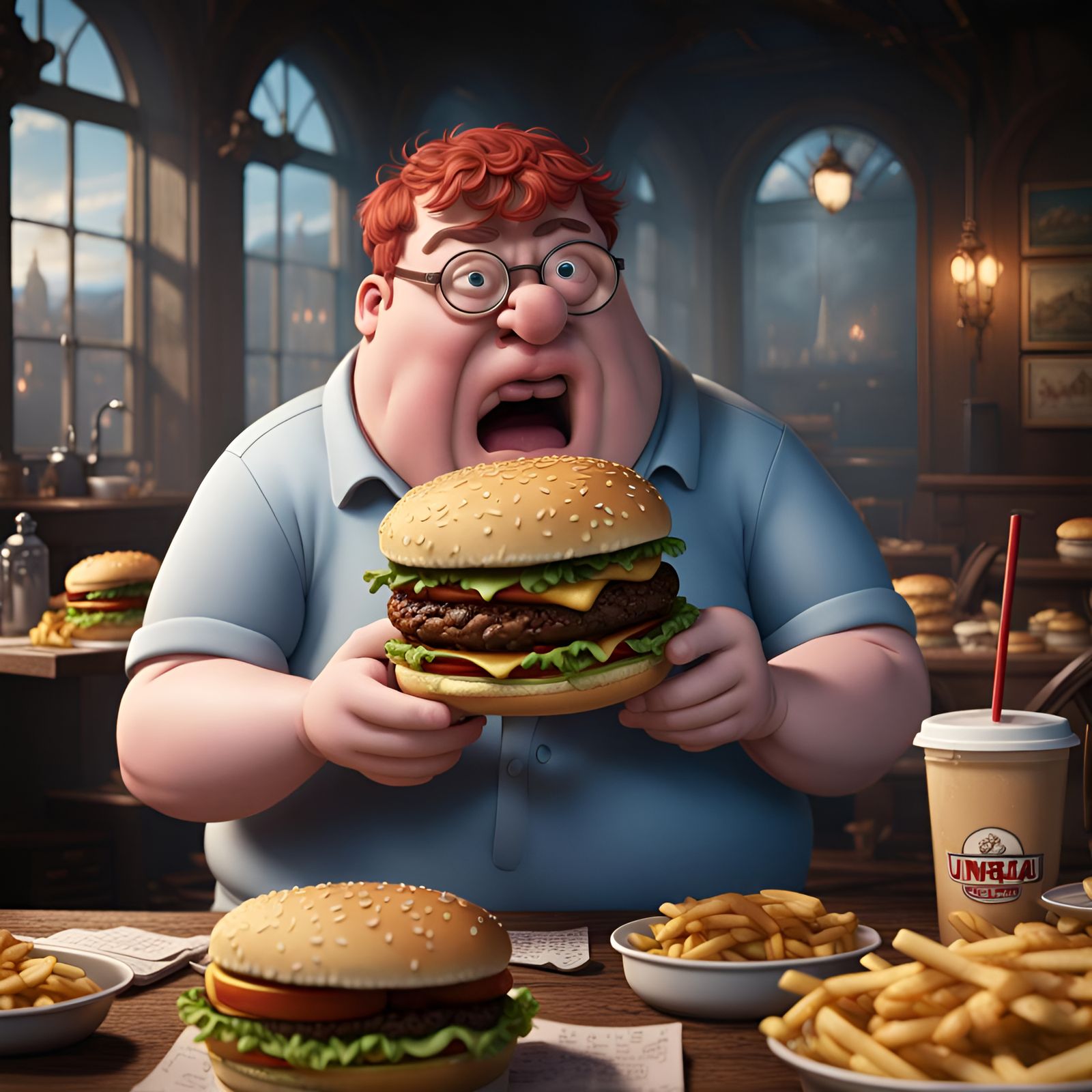Peter Griffin Eating a Hamburger in Detailed Matte Painting