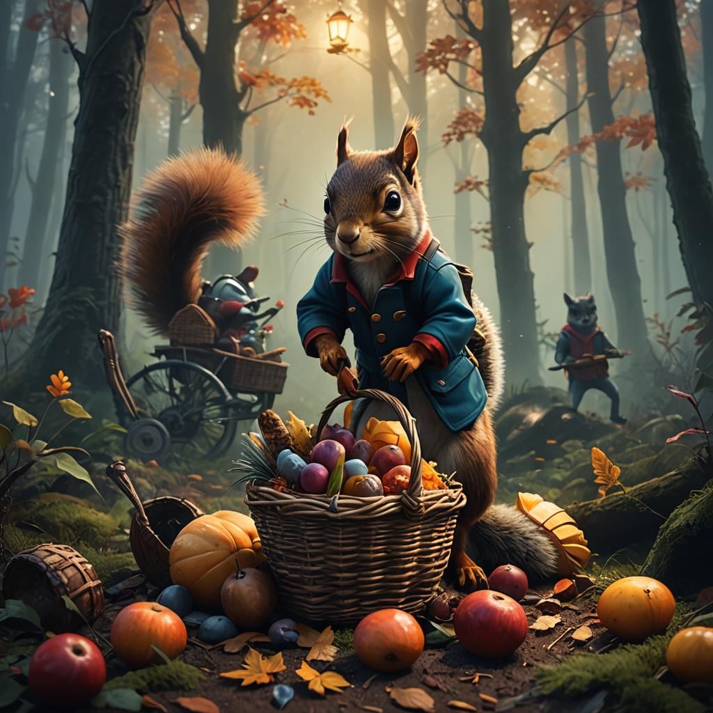 Squirrel Thief in Misty Forest: Noir Concept Art