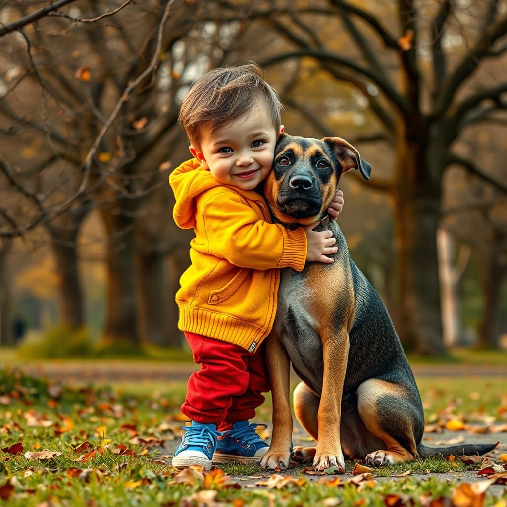 Child and Dog Embrace in Autumn Park