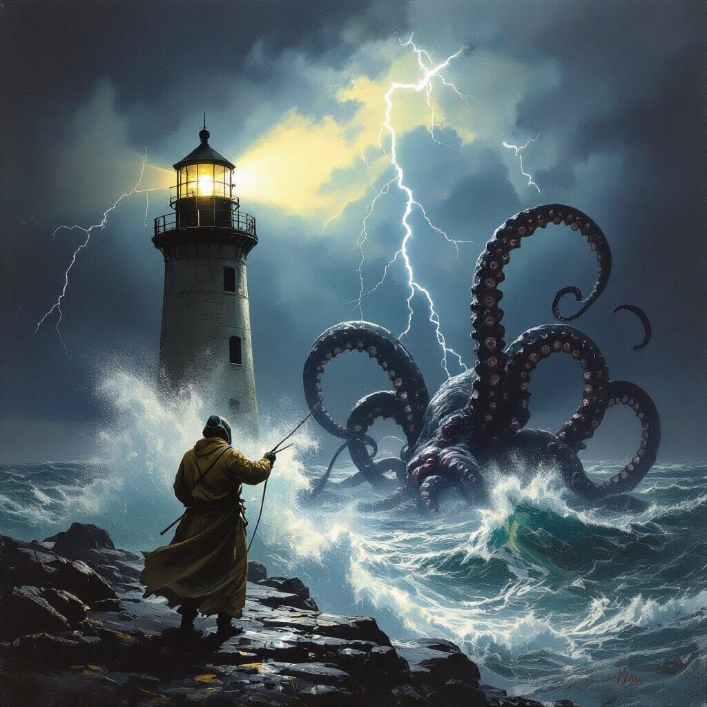 Lighthouse Keeper Battles Kraken: Dramatic Chiaroscuro Paint...