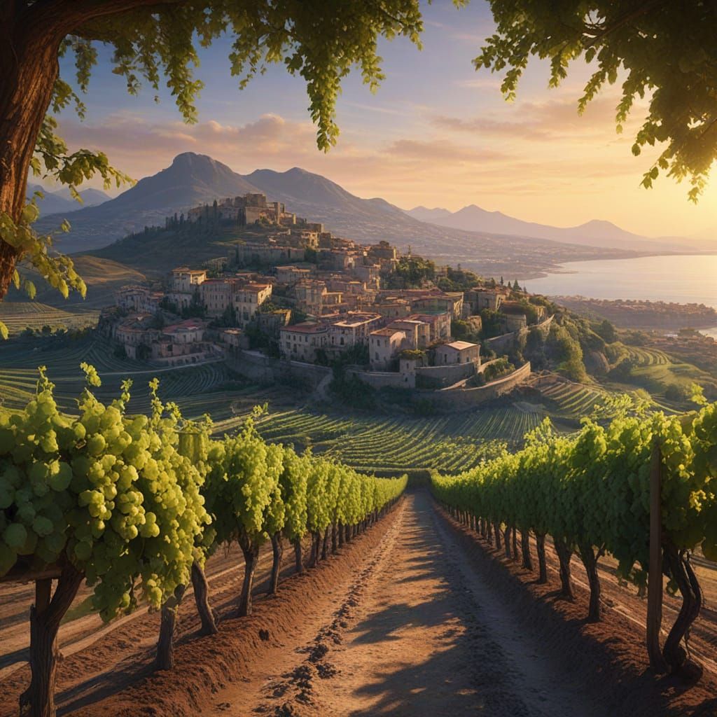 Mediterranean Vineyard at Dawn in Watercolor