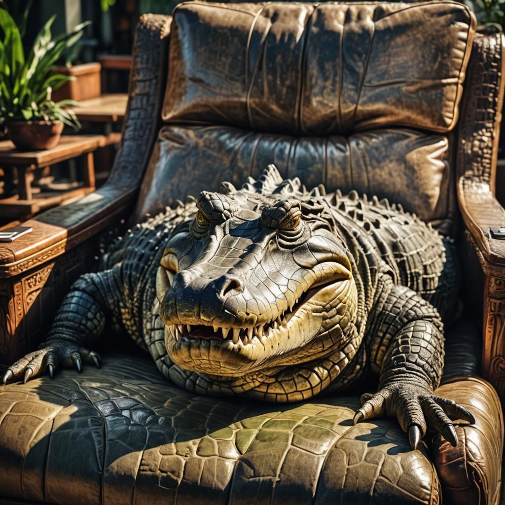 Sunbathing Crocodile: Hyperrealistic Lounge Scene