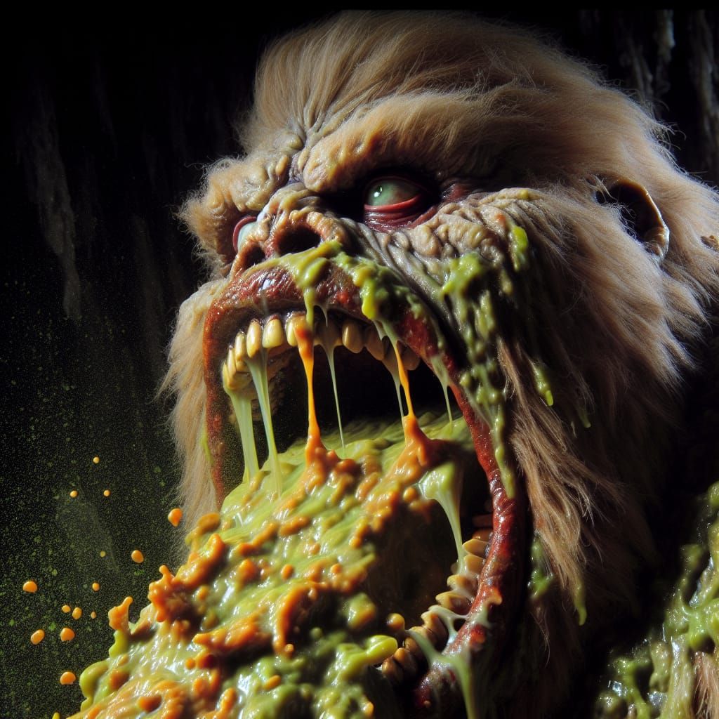 Comical Horror: Obese Monster Vomiting Slime in Darkness