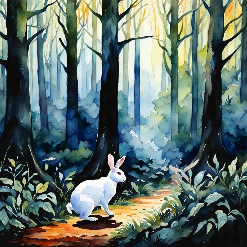 White Rabbit in Forest Court: Watercolor Painting
