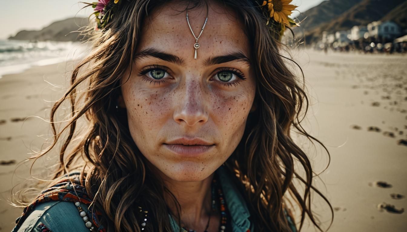 Hippie Woman Portrait on California Beach