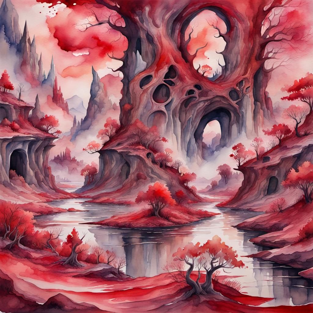 Red Watercolor Fantasy Landscape: Synchronized Chaos