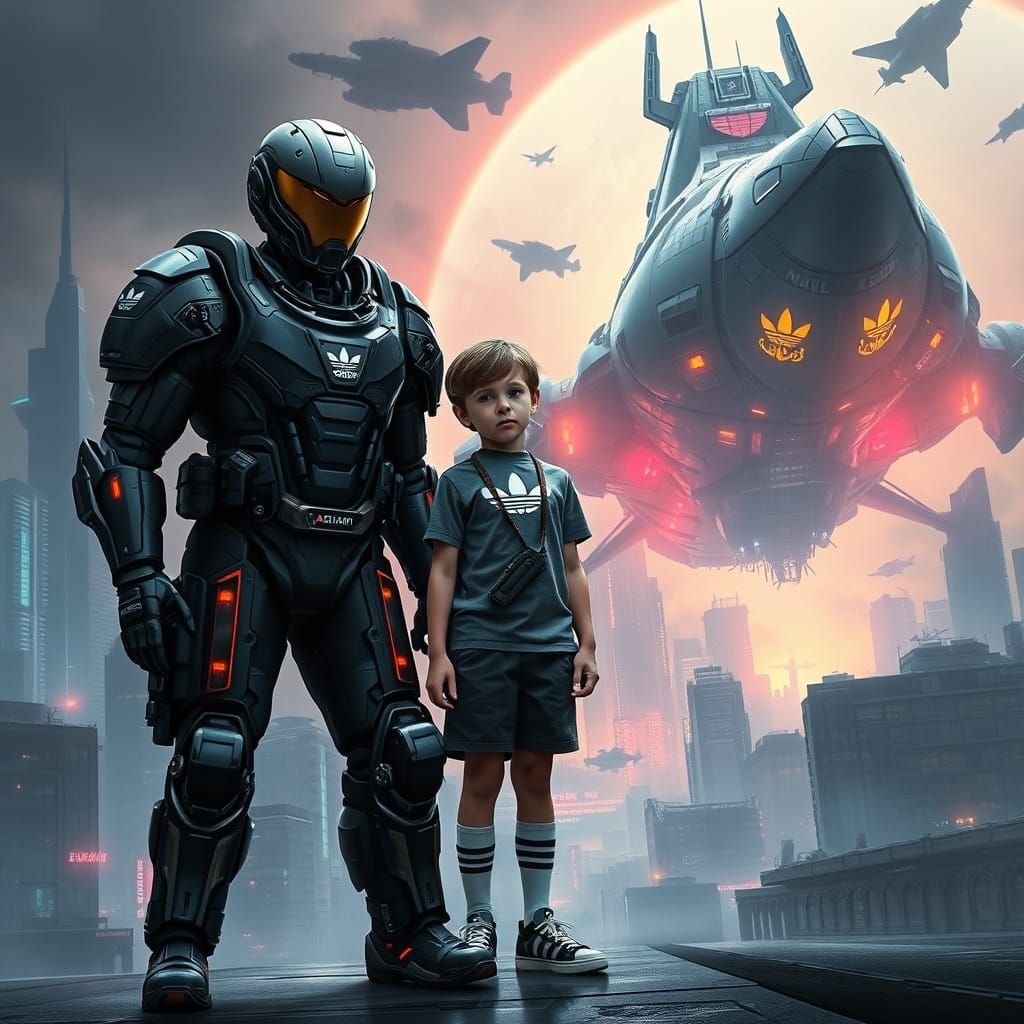 Cyberpunk Armored Soldier in Dystopian Cityscape