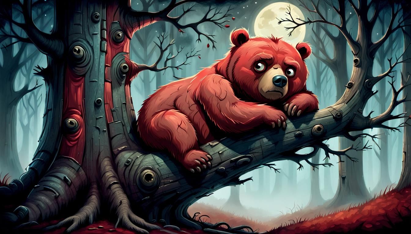 Frowning Red Bear Dreams in a Tree