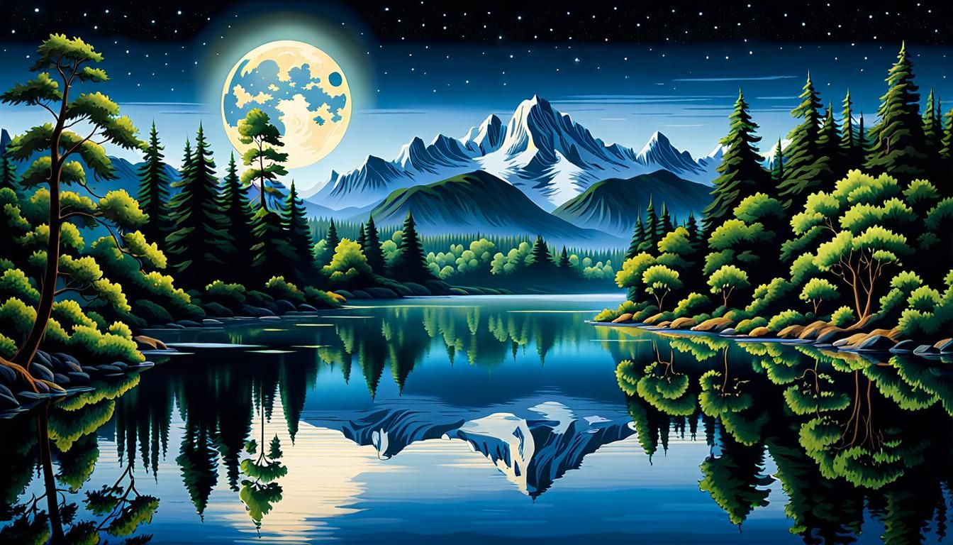 The photorealistic serene river flows gently through the landscape, its glassy surface perfectly mirroring the radiant i...