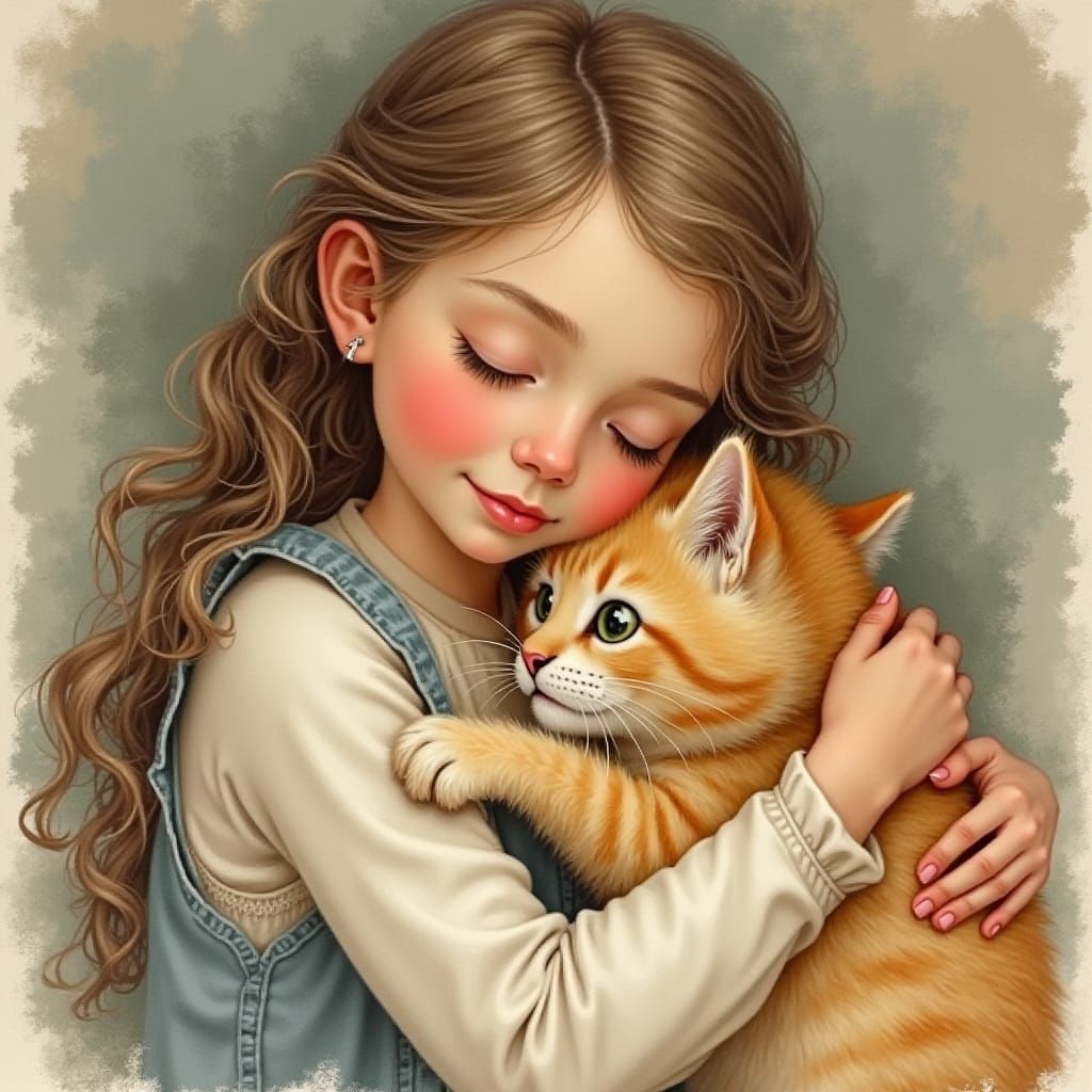 Woman Cradling Kitten in Whimsical Watercolor Style