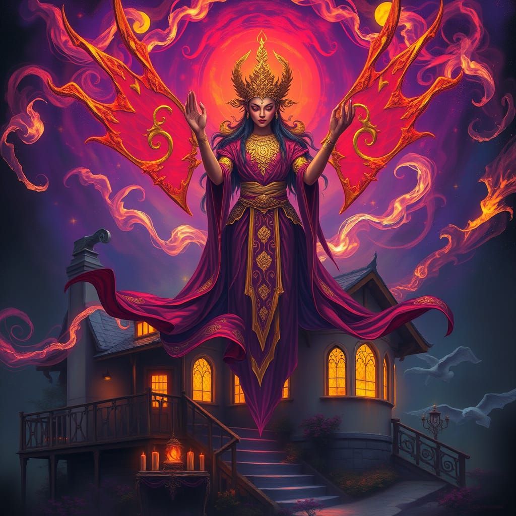 Mystical Goddess Soars Above a Dreamhouse in a Swirling Aura...