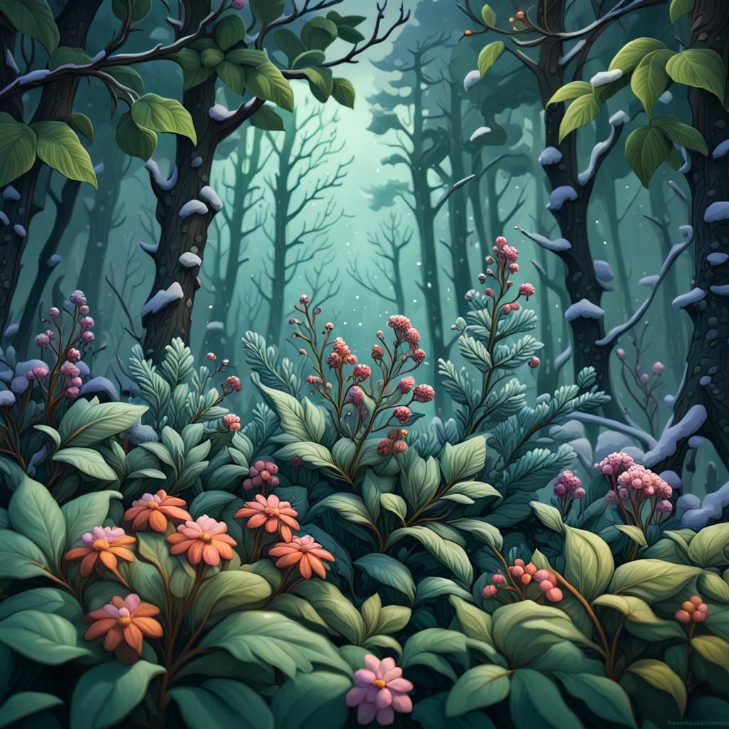 Vibrant Pop Art of Winter Flowers in Forest