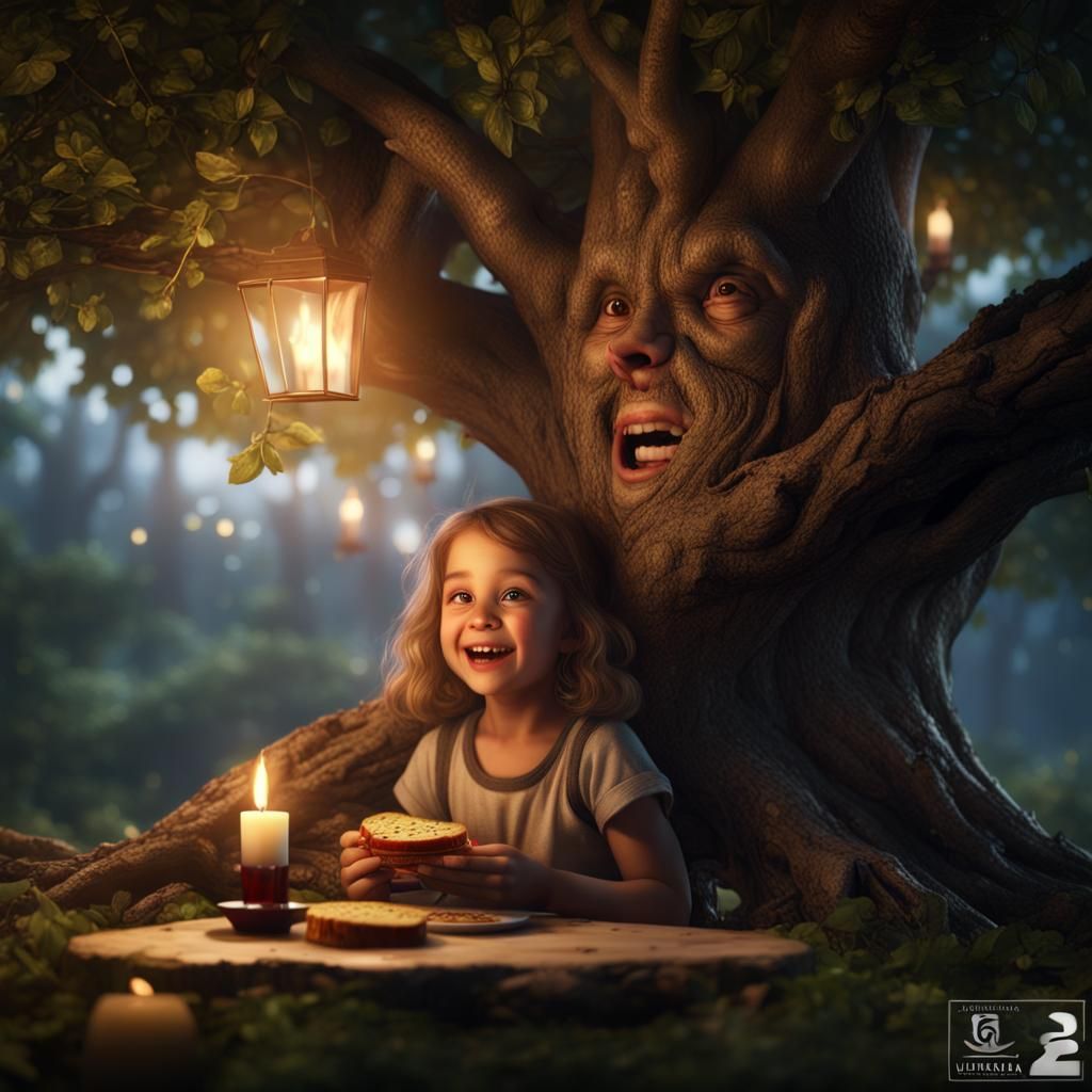 Laughing Tree and Girl in Detailed Fantasy Art